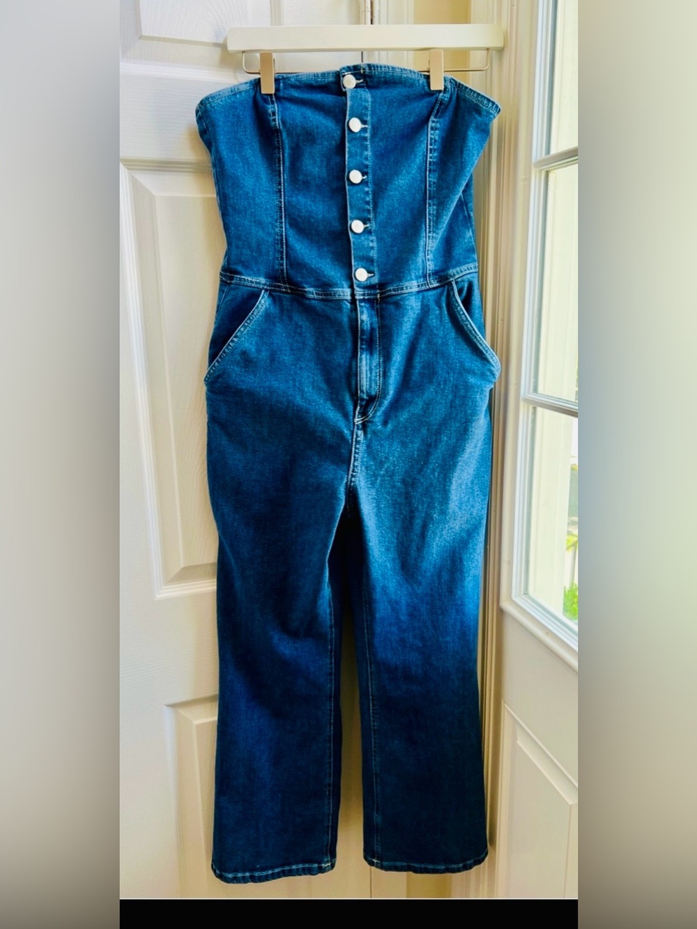 Bershka Strapless Denim Jumpsuit Wide Leg Button Front Pockets Women’s L